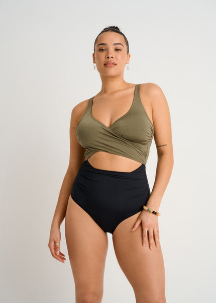 Everyday Sunday Wrap one-piece dusty olive tummy control