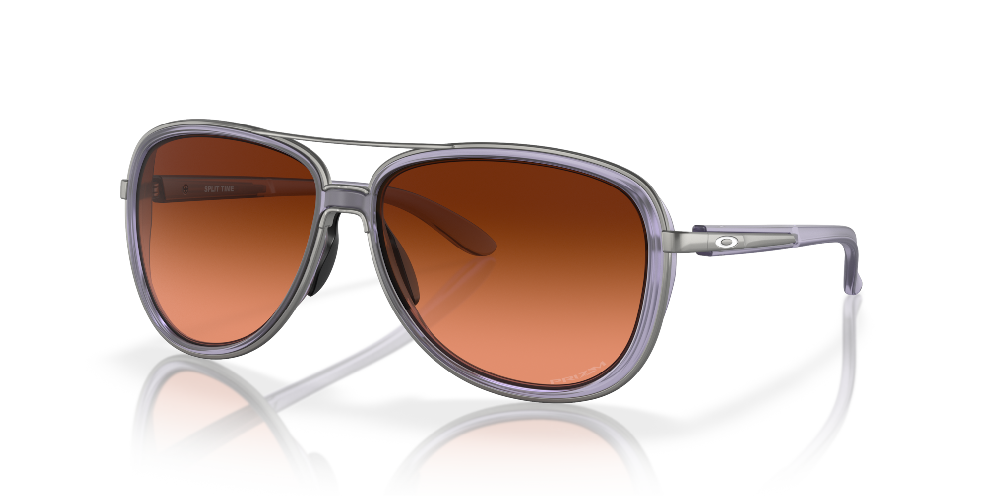 Sunglasses with brown gradient lenses and gray frame on a white background. Oakley split time lilac sunglasses
