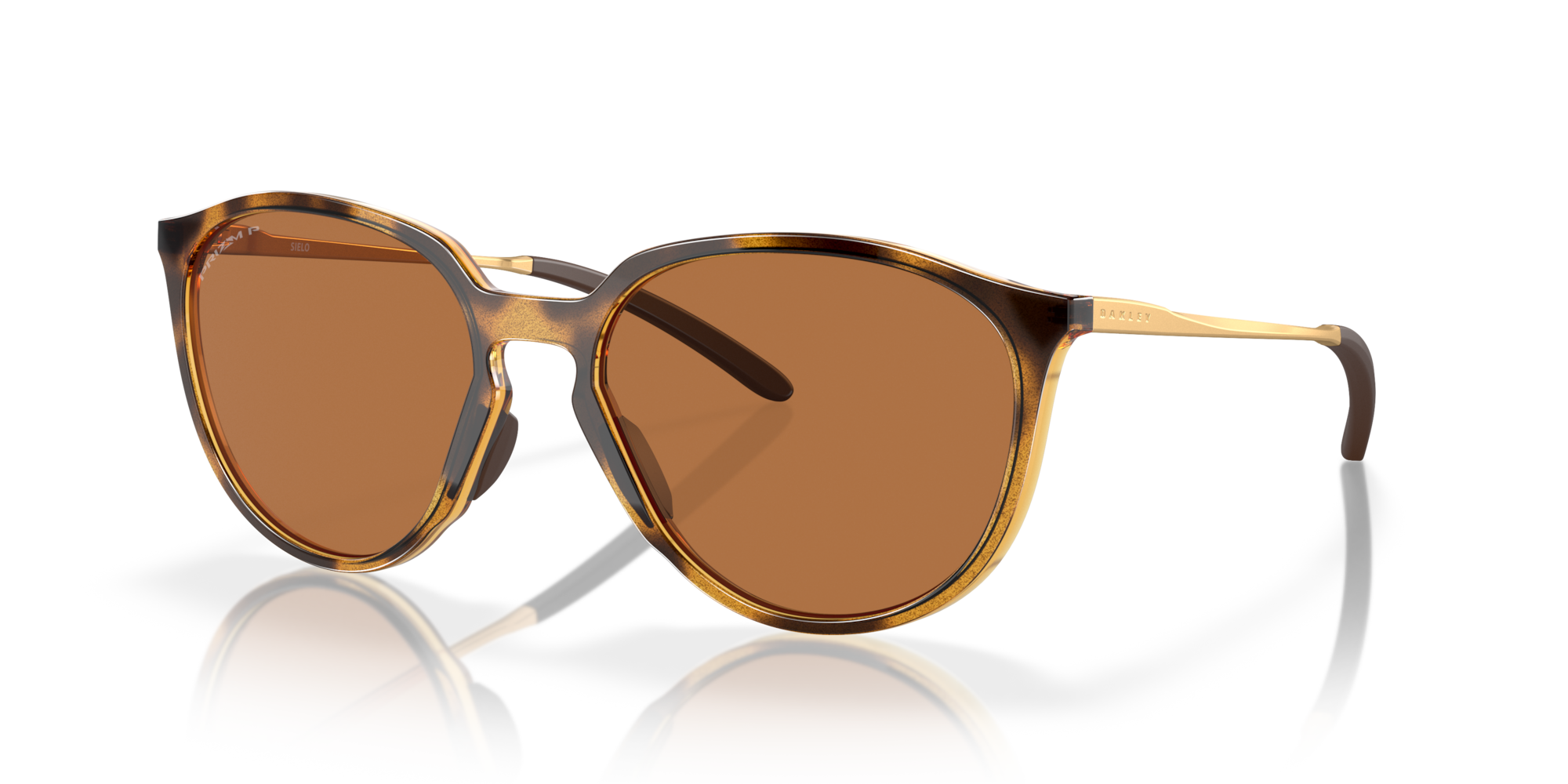 A pair of tortoise-patterned bronze polarized sunglasses with the Oakley brand logo on the side. Sielo oakley sunglasses