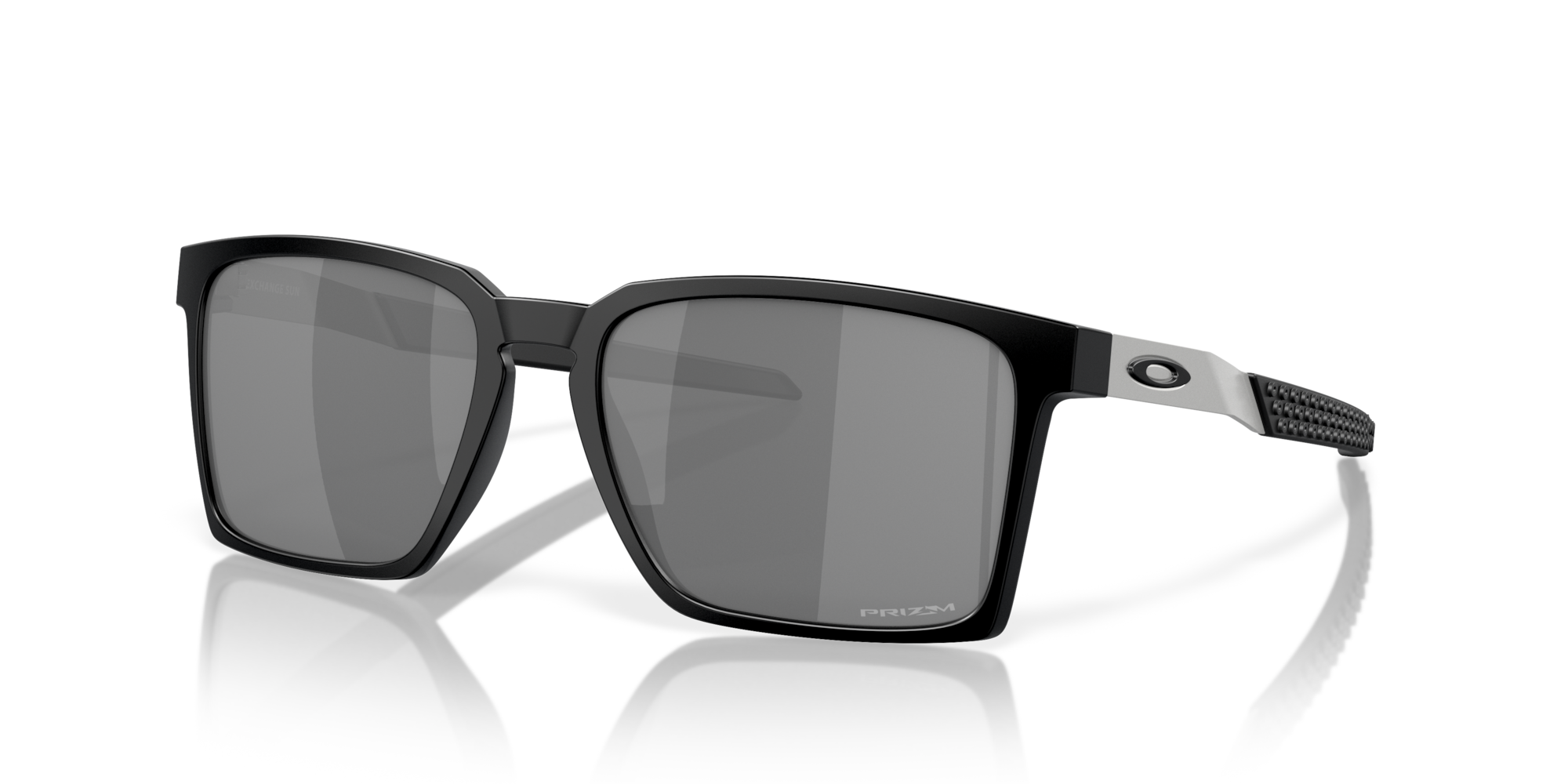Black sunglasses with reflective lenses on a white background. Oakley exchange sun mens sunglasses
