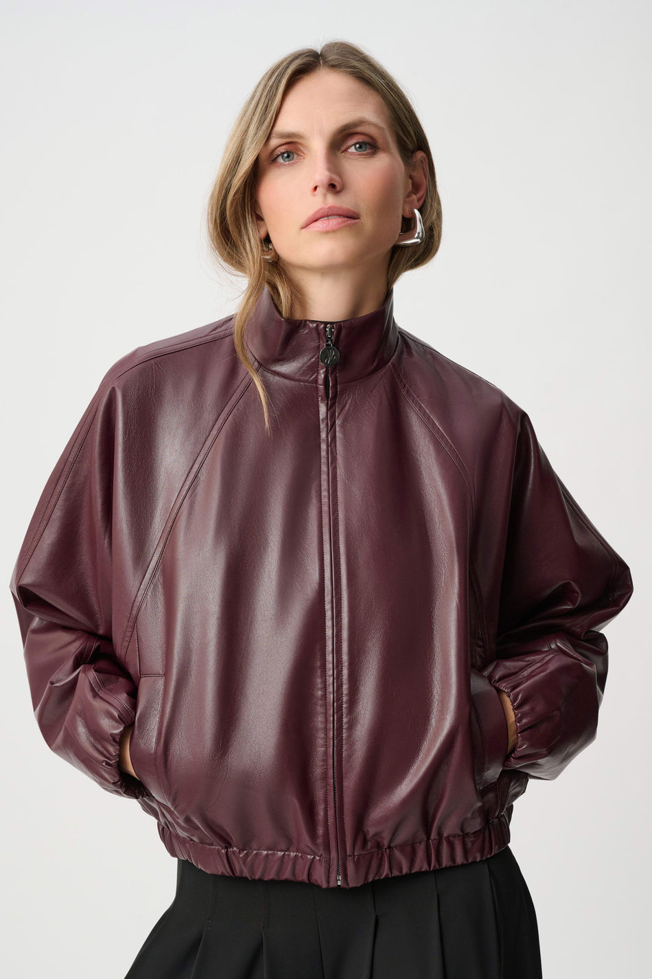 Leatherette Mock-Neck Bomber Jacket joseph ribkoff