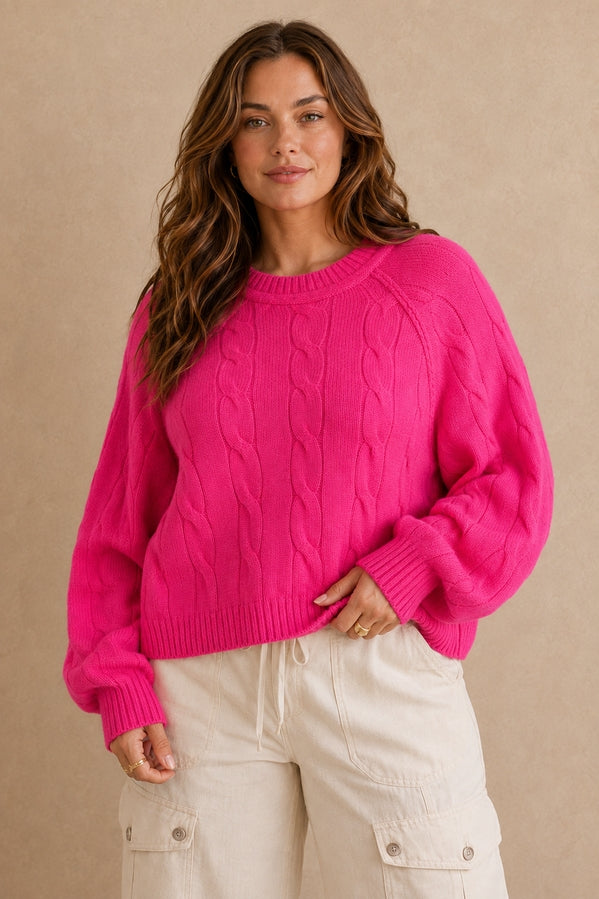 curvy hot pink cable kniw sweater