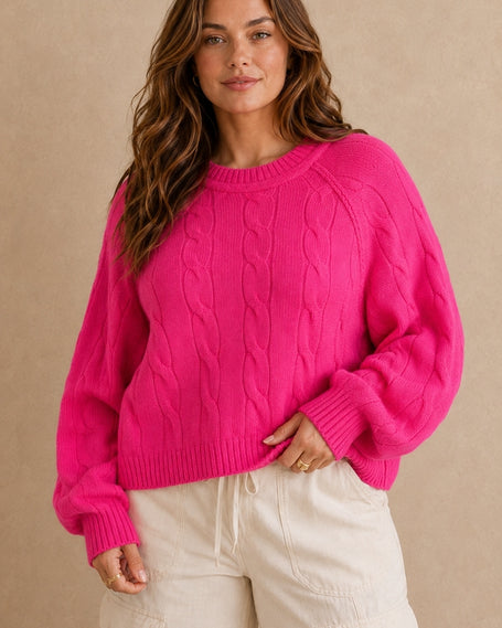 curvy hot pink cable kniw sweater