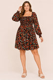 curvy floral fall dress square neckline smocked