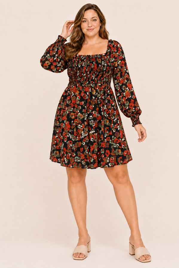 curvy floral fall dress square neckline smocked