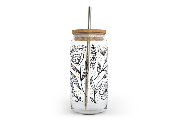 Floral Line Art Glass Can