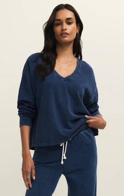 Women's knit denim v neck sweatshirt