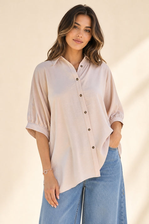 audrey curvy button up taupe collar shirt
