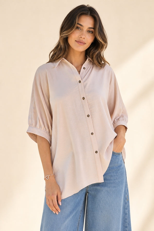 audrey curvy button up taupe collar shirt