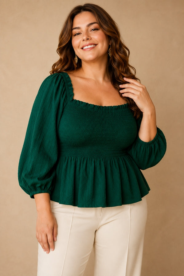 curvy emerrald peplum top balloon sleeve 3/4 length