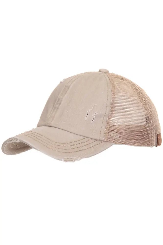 C.C. Distressed Messy Bun Hat - Distractions Clothing