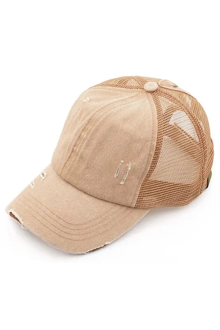 C.C. Distressed Messy Bun Hat - Distractions Clothing
