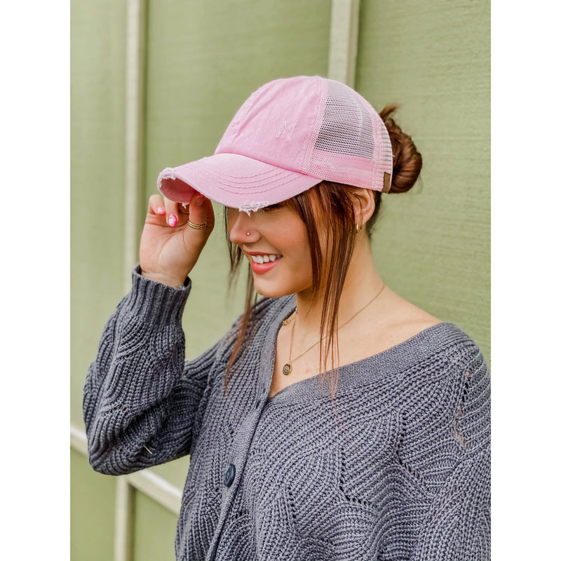 C.C. Distressed Messy Bun Hat - Distractions Clothing