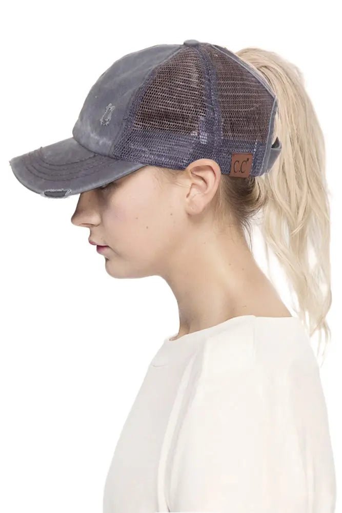 C.C. Distressed Messy Bun Hat - Distractions Clothing