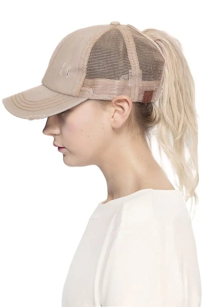 C.C. Distressed Messy Bun Hat - Distractions Clothing