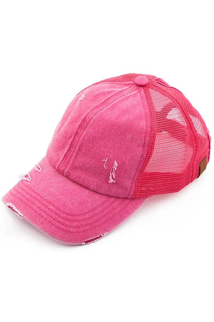 C.C. Distressed Messy Bun Hat - Distractions Clothing
