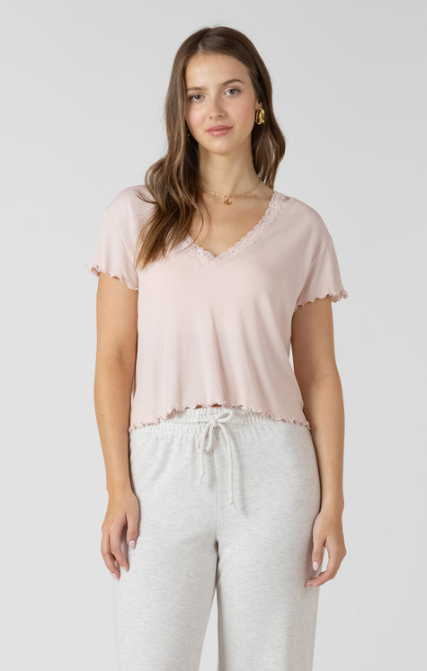 Women's lace trim waffle top