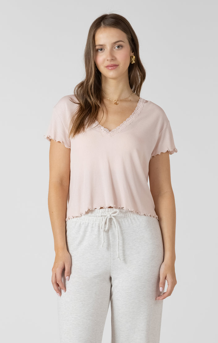 Women's lace trim waffle top