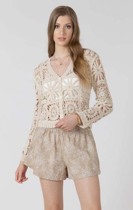 Embroided Cardigan Soft Oatmeal Black Tape
