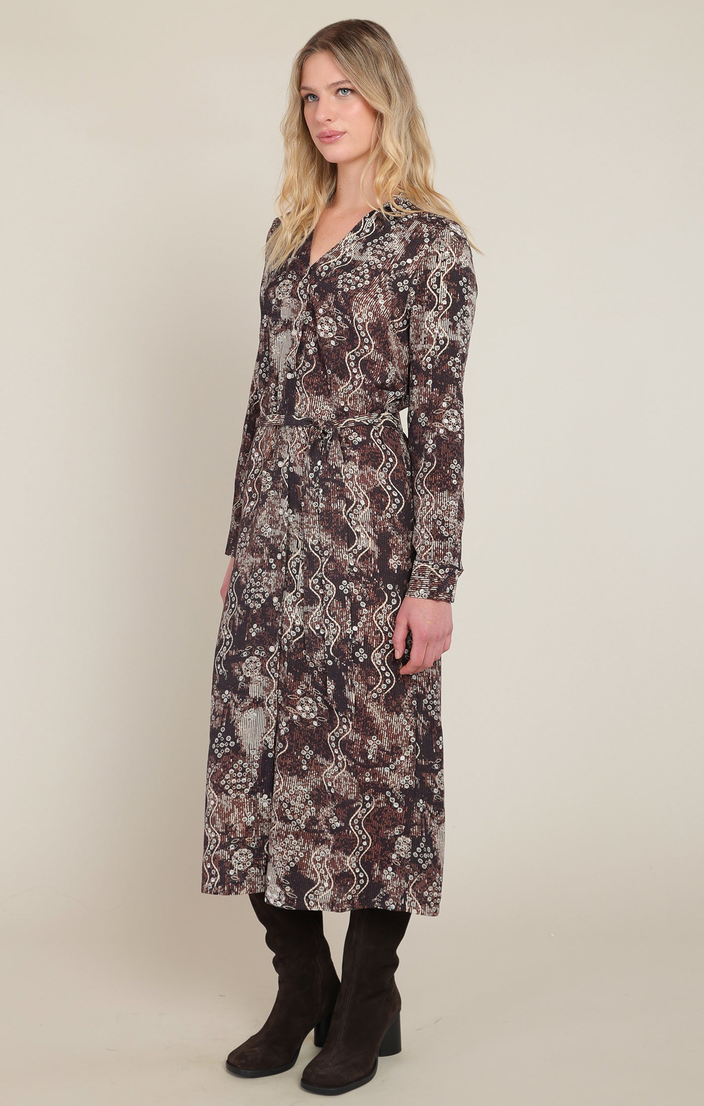 rory dress black tape brown patterened