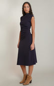 dark blue mock neck cap sleeve midi dress black tape