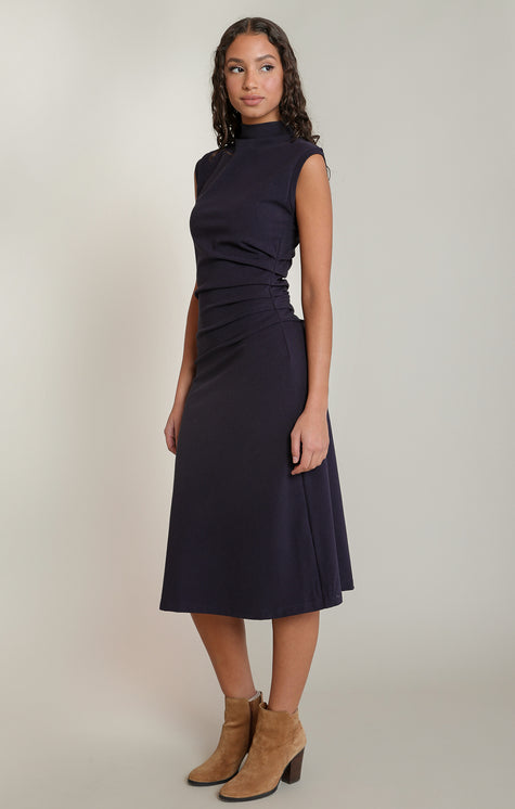 dark blue mock neck cap sleeve midi dress black tape