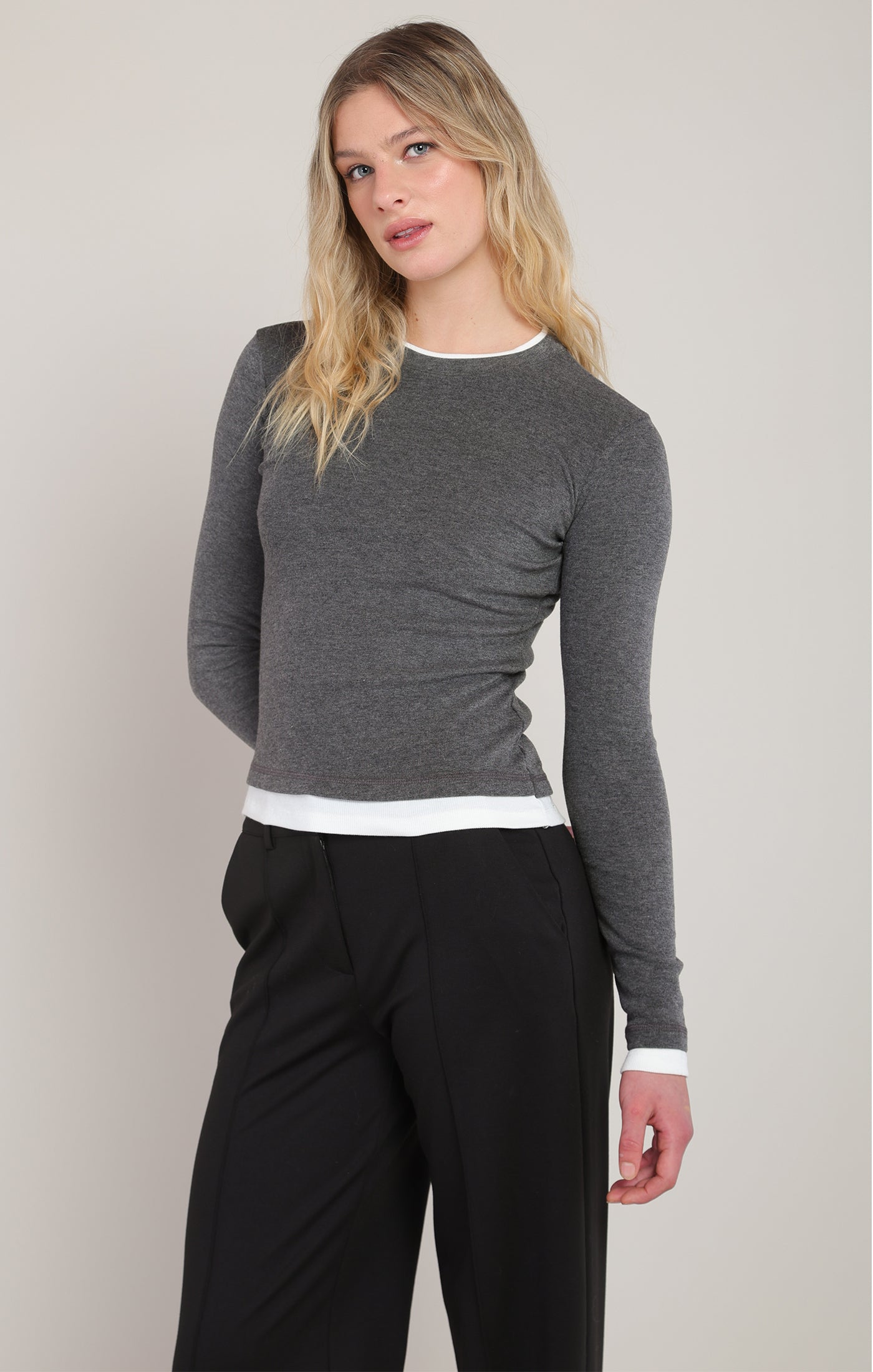 grey heathered layered long sleeve top
