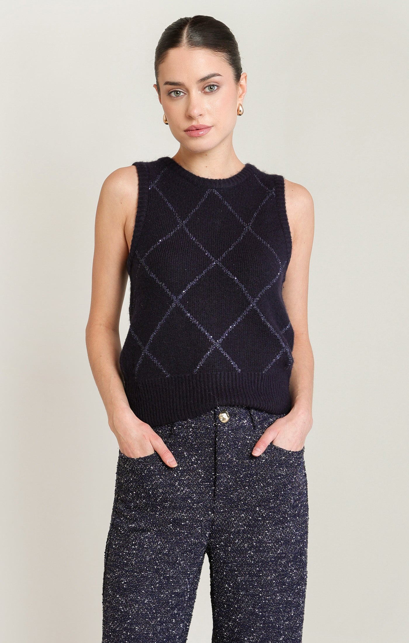 navy sweater vest black tape sequin