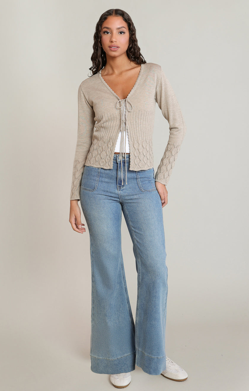 oatmeal pointelle fabric tie up cardigan Valerie