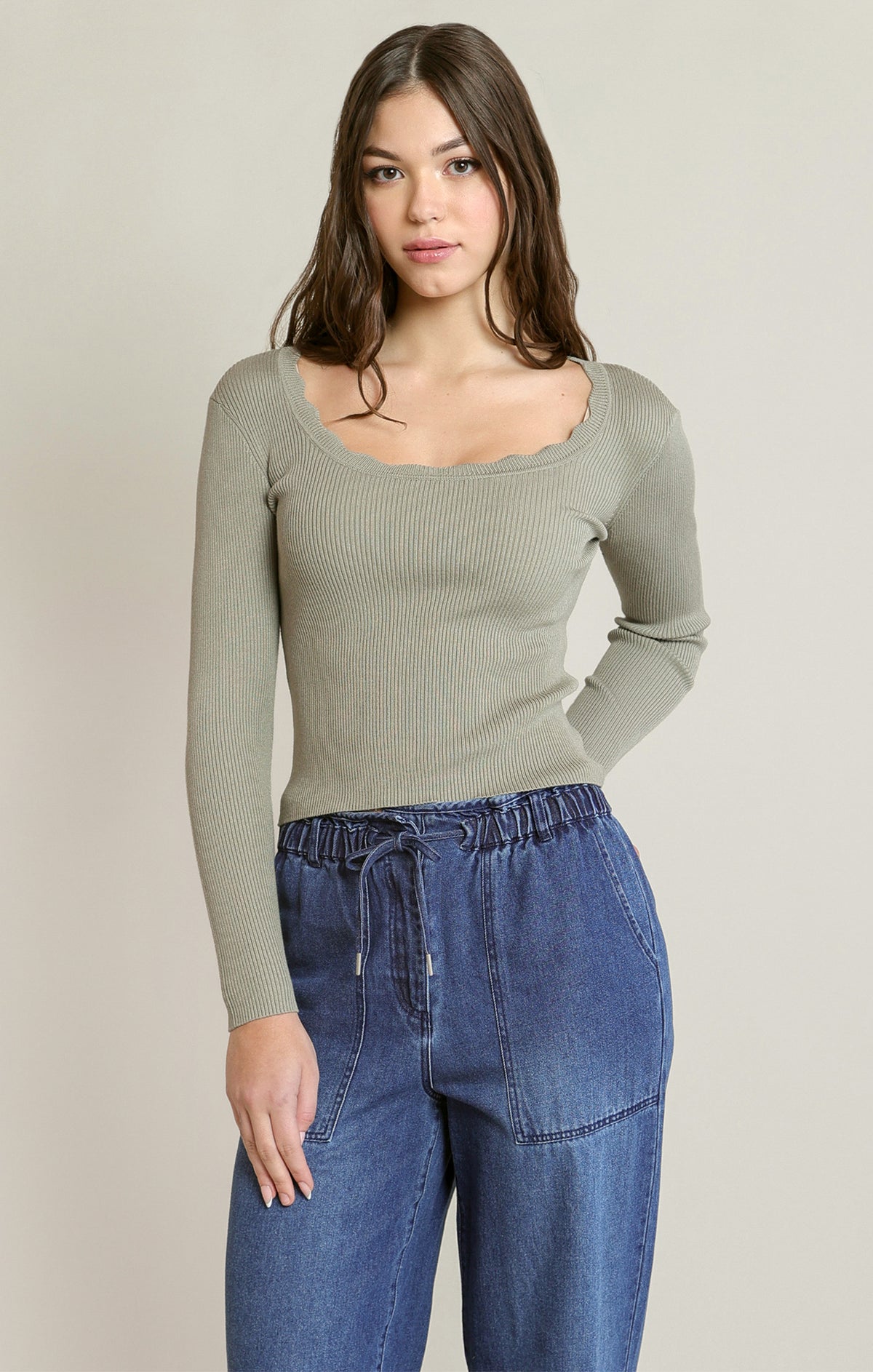 Dawn Sweater Top sage scalloped top