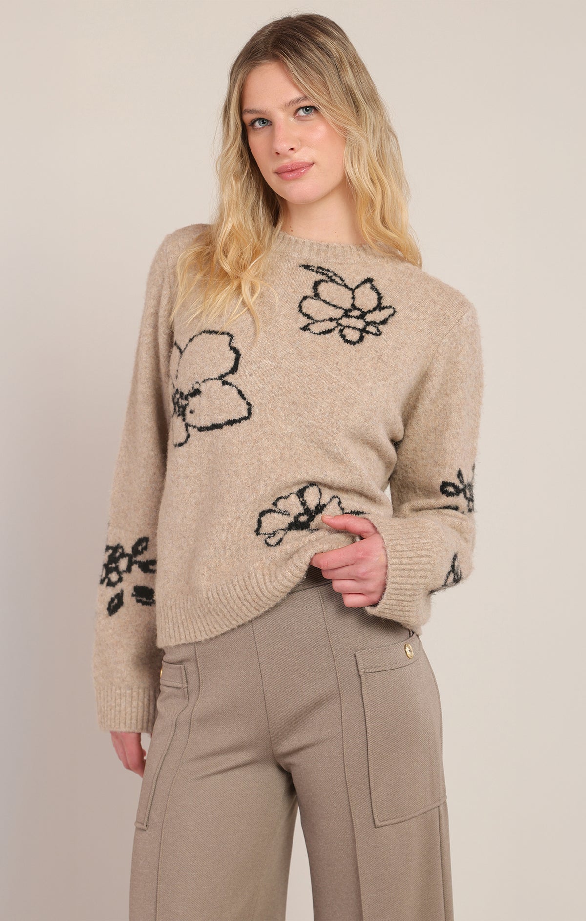 Anna Sweater beige floral knit sweater