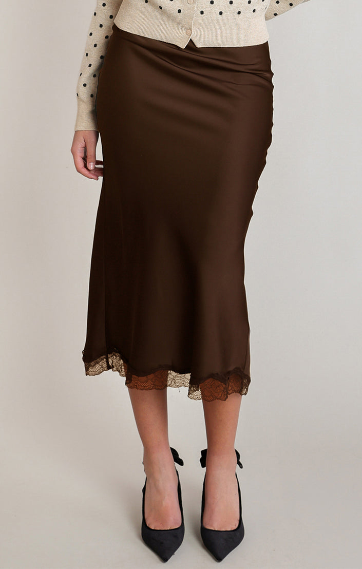 Dex chocolate satin skirt