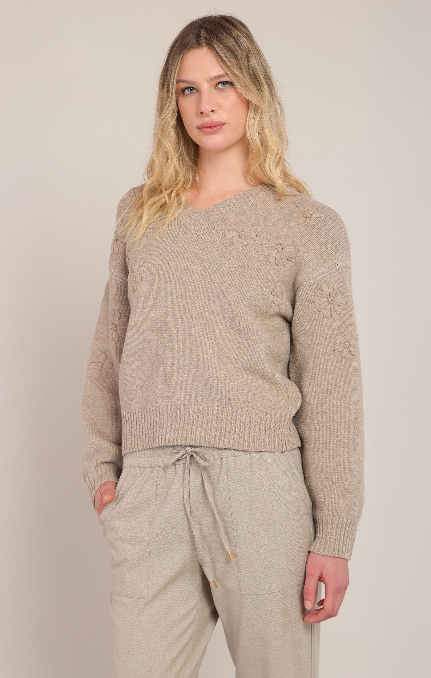 tess knit oatmeal sweater embroidered floral