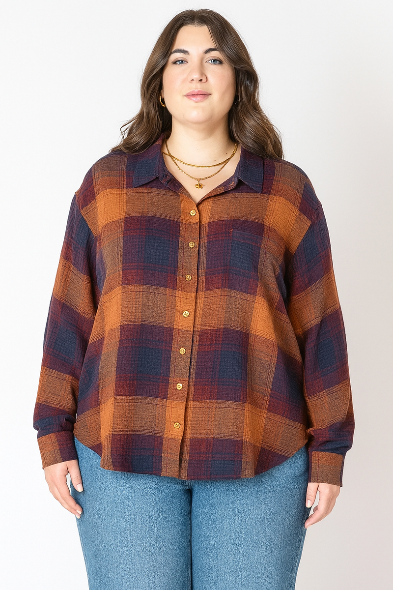 Women's curvy plaid button up