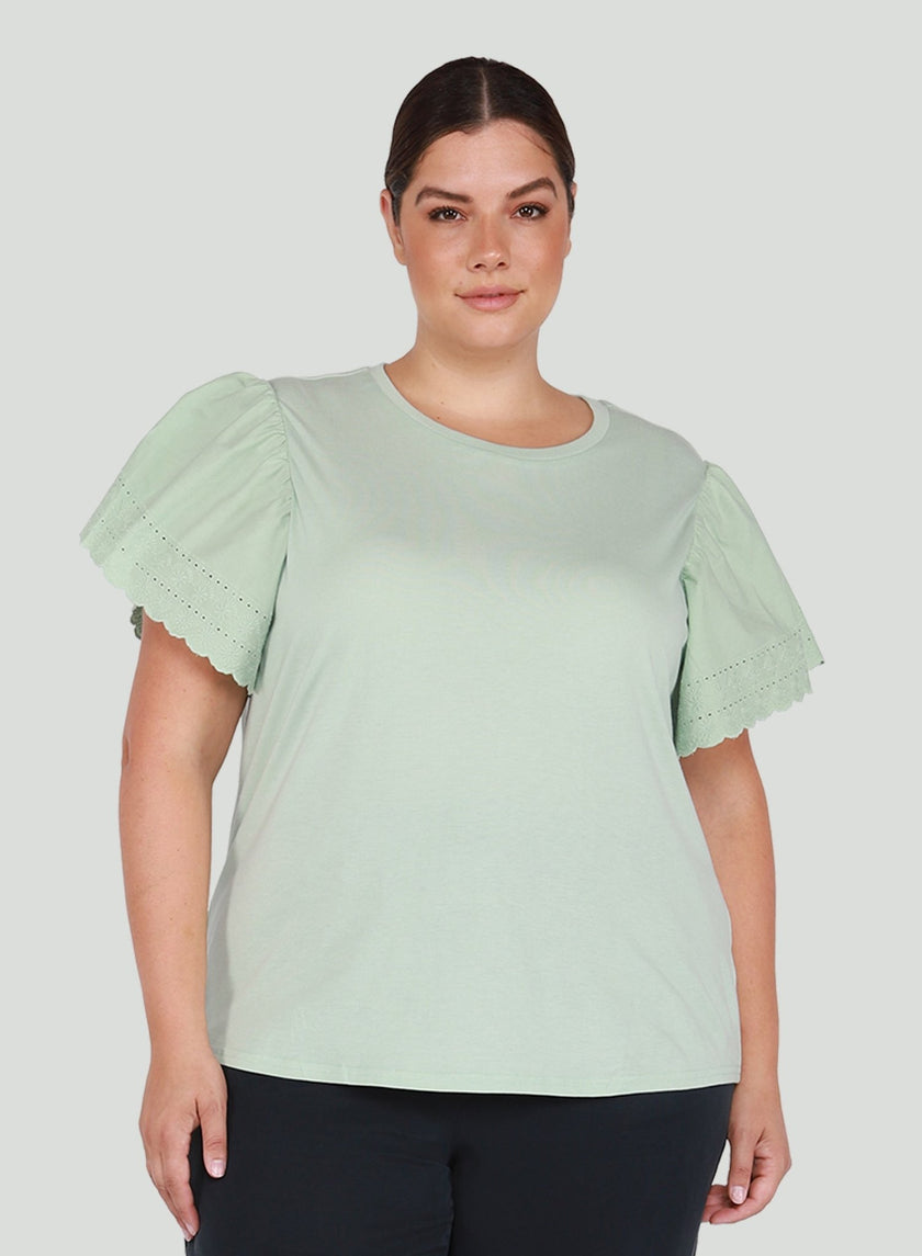 Curvy Sea Foam Embroidered Sleeve Top - Distractions Clothing