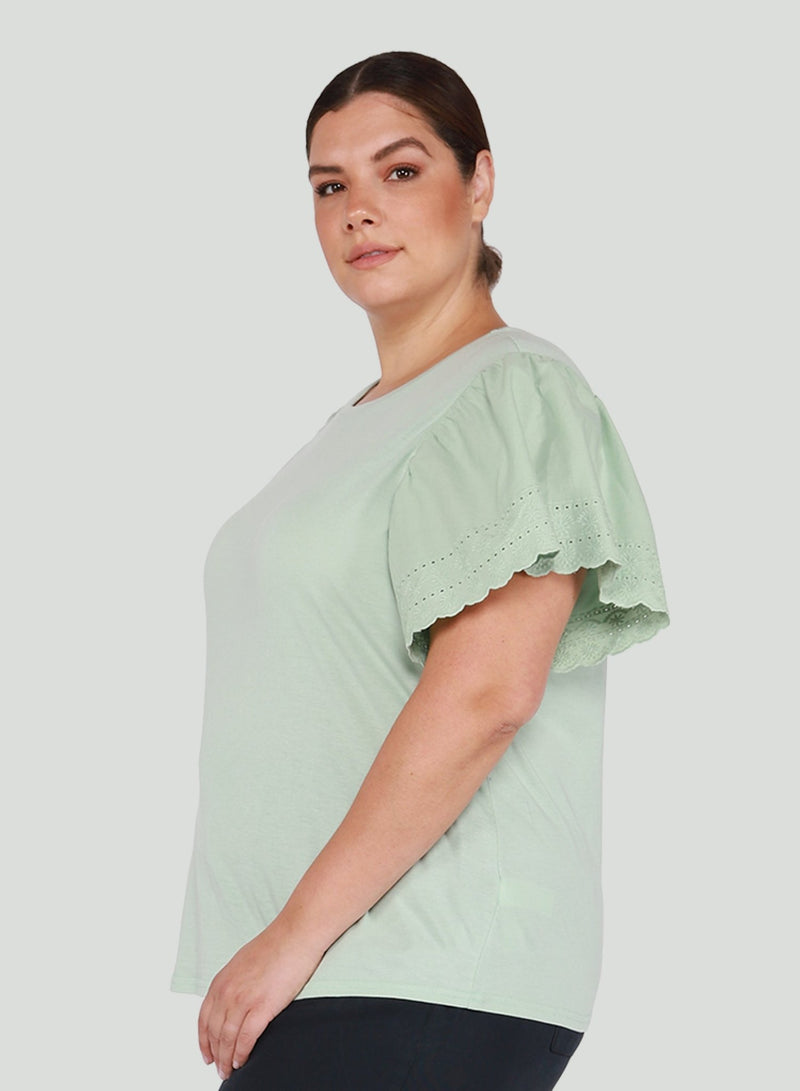 Curvy Sea Foam Embroidered Sleeve Top - Distractions Clothing