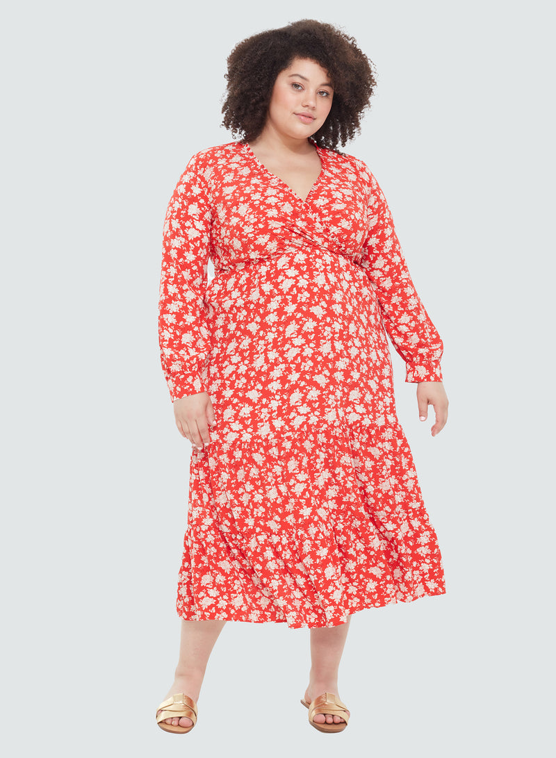 Curvy Scarlet Wrap Ruffle Midi Dress