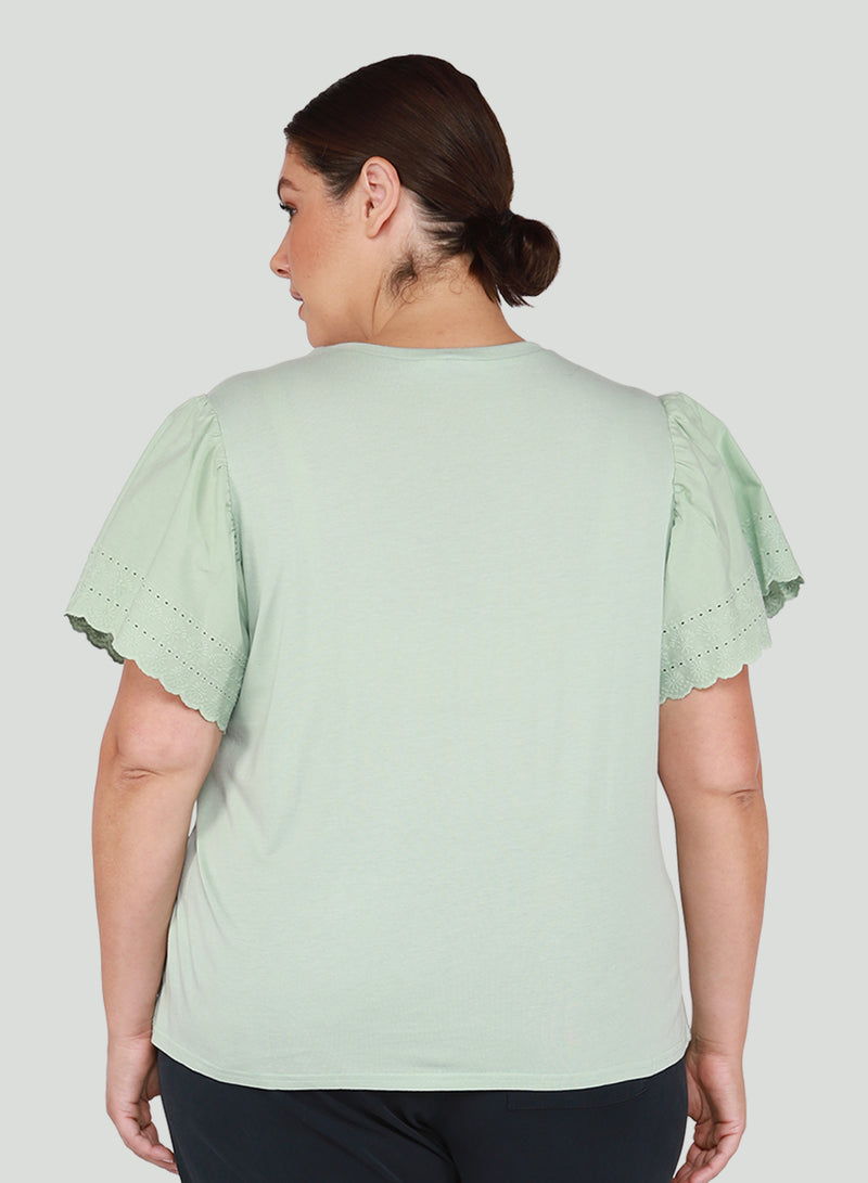 Curvy Sea Foam Embroidered Sleeve Top